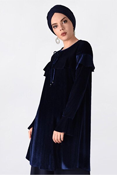TRENDTESETTÜR KADIN LACİVERT OMUZLARI VOLANLI KADİFE TUNİK 4789