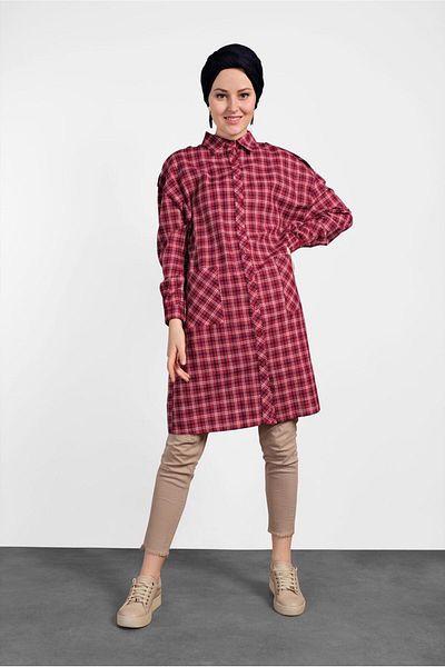 TRENDTESETTÜR Red Plaid Patterned Women's Tunic - Model 4305