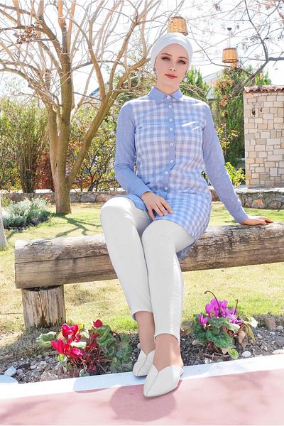 TRENDTESETTÜR Women's Blue Checkered Tunic - 4146