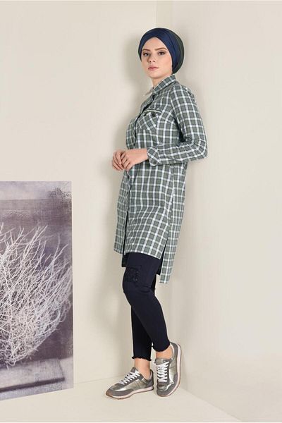 TRENDTESETTÜR Women's Khaki Cotton Square Patterned Buttoned Tunic 4699