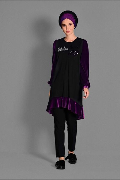 TRENDTESETTÜR Women's Black Velvet Fabric Detailed Tunic 4732