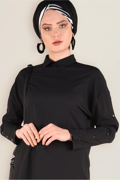TRENDTESETTÜR Women's Black Women's Tunic with Snap Sleeves - 4661