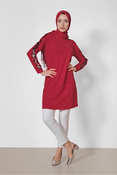 TRENDTESETTÜR Women's Red Sleeve Sequined Tunic 4159