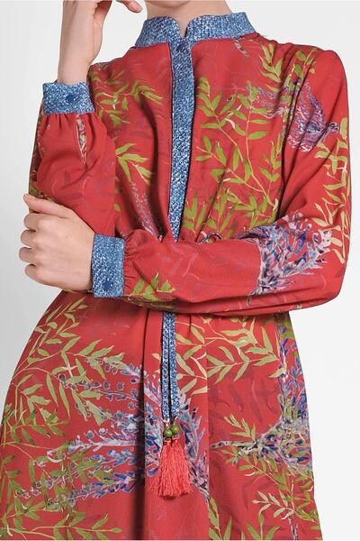 TRENDTESETTÜR Red Patterned Women's Drawstring Tunic - 4052