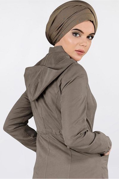 TRENDTESETTÜR Γυναικείο καφέ (CAMEL) καμπαρντίνα με κουκούλα με ελαστικά καρπούς και άκρη φούστας 1357