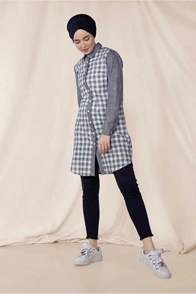 TRENDTESETTÜR Navy Blue Checked Women's Tunic - 4146