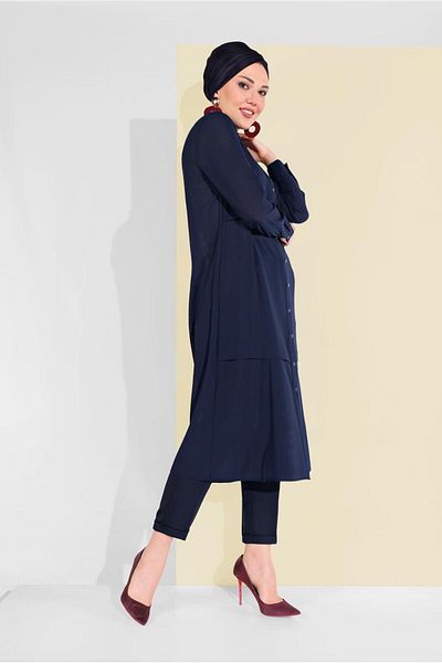TRENDTESETTÜR Woman's Navy Blue Buttoned Chiffon Tunic T 4434