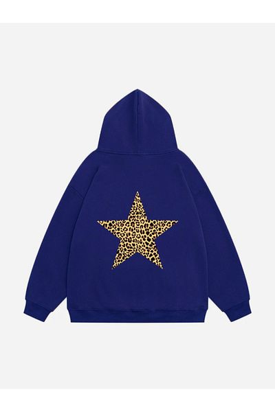 Mad&Calf Hanorac oversize din fleece cu glugă cu imprimeu Star Leopard pentru femei
