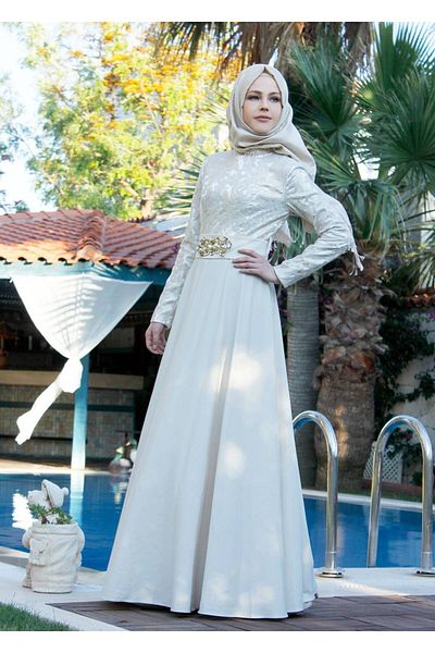 TRENDTESETTÜR Women's Ecru Collar and Jewelled Evening Dress 5009