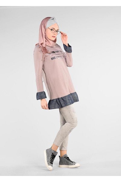 TRENDTESETTÜR Powder Colored Women's Tracksuit Tunic - Flywheel Detail, Text Printed 4915