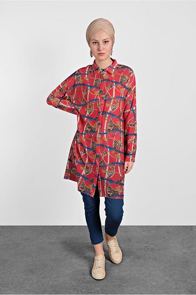 TRENDTESETTÜR Women's Red Leopard Patterned Tunic 4492