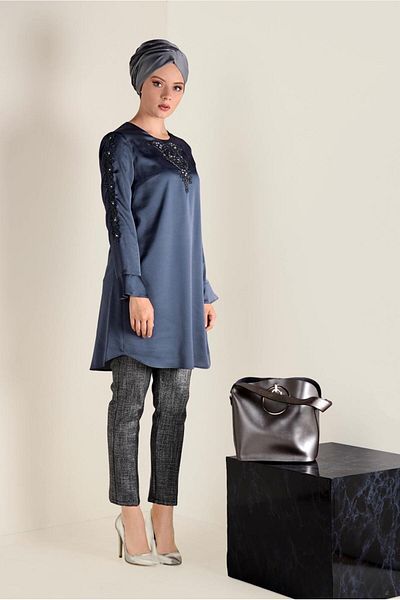 TRENDTESETTÜR Women's Gray (SMOKED) Embroidered Tunic 4301