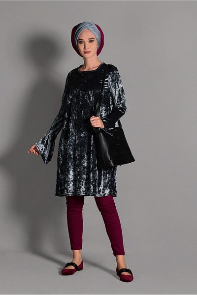 TRENDTESETTÜR Women's Gray Velvet Tunic with Flywheel Sleeves 4825
