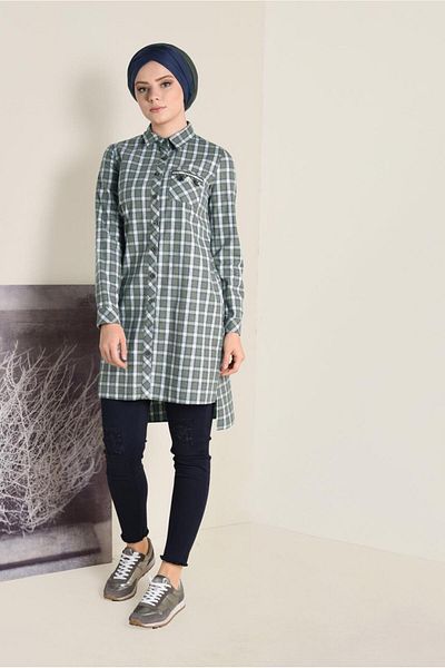 TRENDTESETTÜR Women's Khaki Cotton Square Patterned Buttoned Tunic 4699
