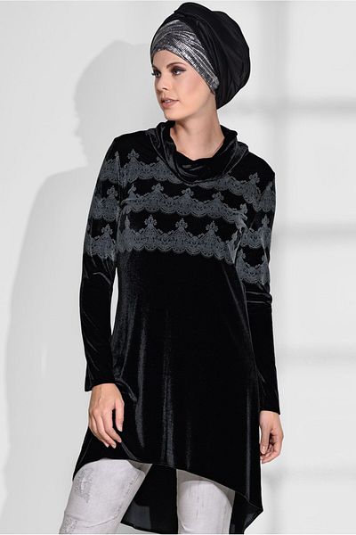 TRENDTESETTÜR Women's Black Shawl Collar Lace Detailed Tunic 4870