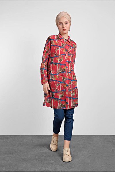 TRENDTESETTÜR Women's Red Leopard Patterned Tunic 4492