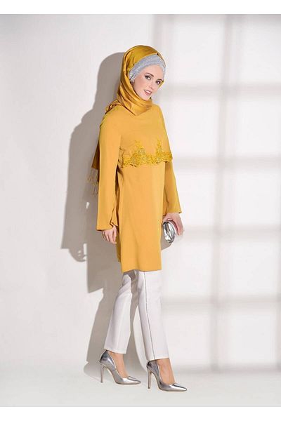 TRENDTESETTÜR Women's Orange (MUSTARD) Guipure Detailed Tunic 4430