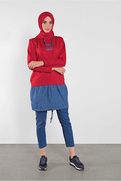 TRENDTESETTÜR Red Hooded Printed Women's Tunic - Model 4302