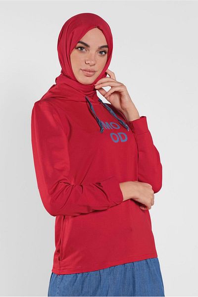 TRENDTESETTÜR Red Hooded Printed Women's Tunic - Model 4302