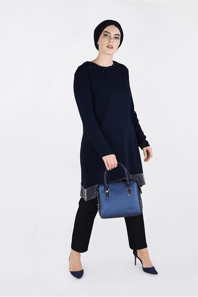 TRENDTESETTÜR Navy Blue Glitter Stripe Women's Tunic - 2822
