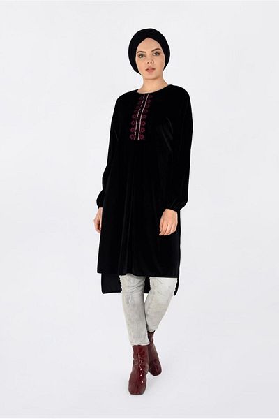TRENDTESETTÜR Women's Black Embroidered Velvet Tunic 4794