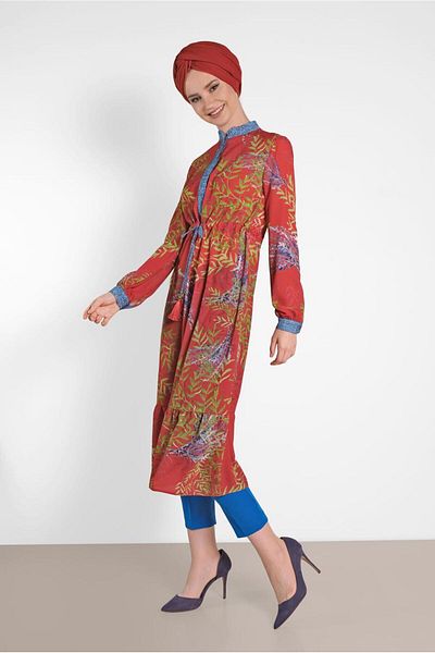 TRENDTESETTÜR Red Patterned Women's Drawstring Tunic - 4052
