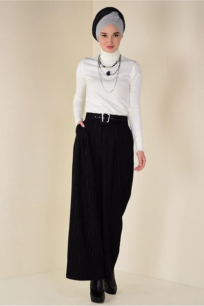 TRENDTESETTÜR Women's Black Glittery Line Pattern Belted Trousers 7401