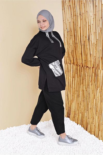 TRENDTESETTÜR Women's Black Pocket and Zipper Detailed Tunic 58402