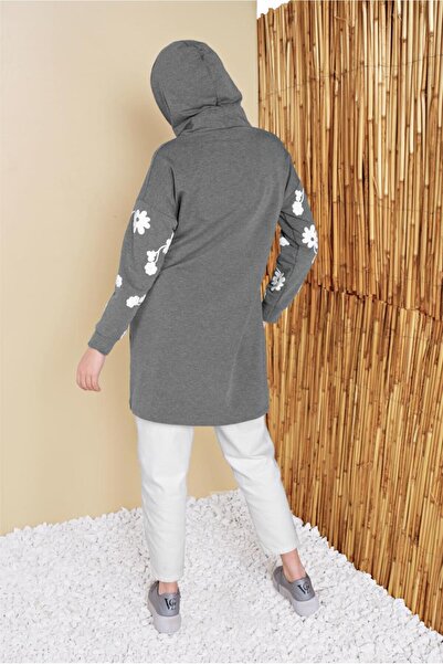TRENDTESETTÜR Gray Floral Printed Hooded Women's Tracksuit Tunic - 0456