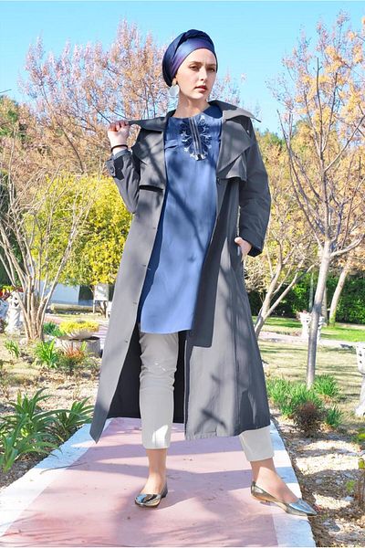 TRENDTESETTÜR Tunica de damă bleumarin (INDIGO) cu guler cu volane și detaliu de broderie 4120