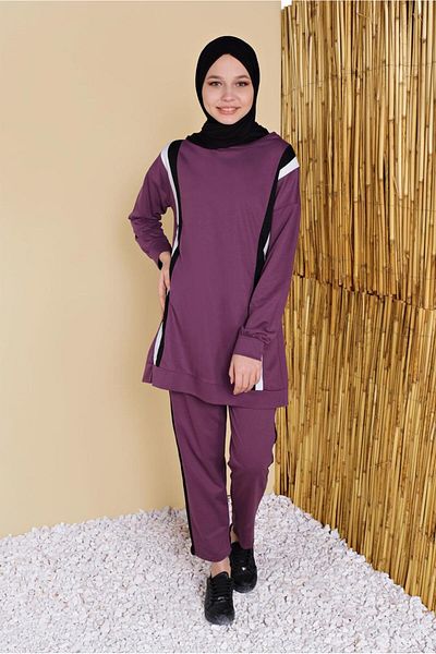 TRENDTESETTÜR Women's Plum Stripe Detailed Trousers Tracksuit Set 8256