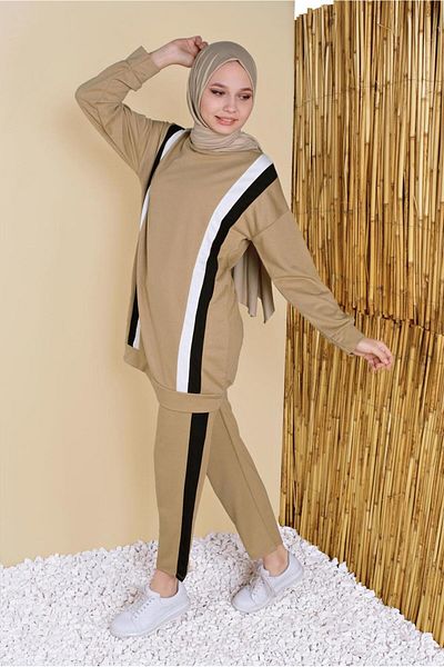 TRENDTESETTÜR Σετ γυναικεία φόρμα και παντελόνι CAMEL σε χρώμα καφέ με λεπτομέρεια ρίγες - 8256