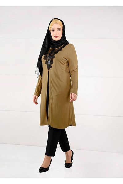 TRENDTESETTÜR Women's Orange (MUSTARD) Laced Front Slit Tunic 2611