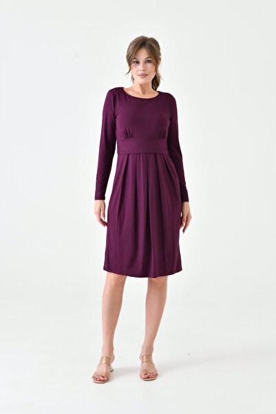 MAMAYAGA Kadın Uzun Kol Emzirme Detaylı Tesettüre Uygun Viskon Rahat Şık Midi Hamile Elbisesi