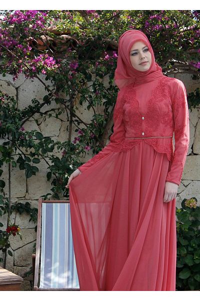 TRENDTESETTÜR Women's Coral Embroidery Fabric Detailed Evening Dress 5033