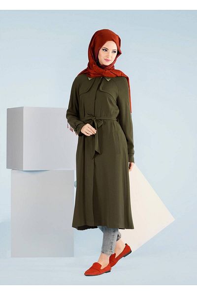 TRENDTESETTÜR Γυναικεία Χακί Καμπαρντίνα με Λεπτομέρεια Ζώνης Καρπού και Τσέπη 1044