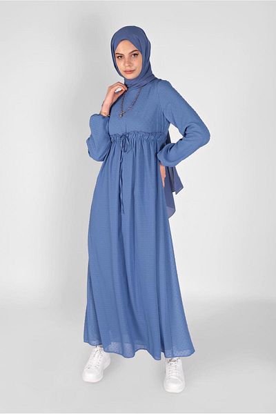 TRENDTESETTÜR Γυναικείο φόρεμα Navy Blue Indigo - Σχέδιο με κορδόνια στη μέση, Μοντέλο 1434