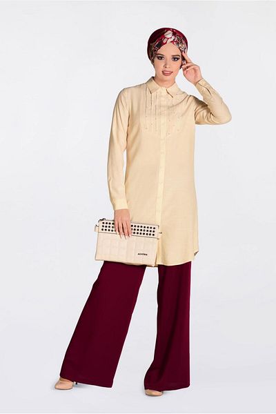 TRENDTESETTÜR Women's Beige Bead Detailed Buttoned Front Tunic 4369