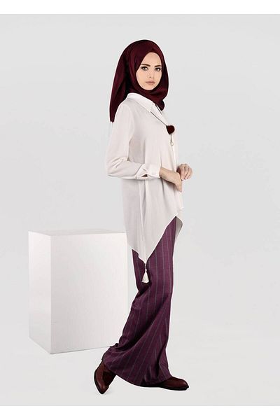 TRENDTESETTÜR Burgundy Striped Women's Pants 7034 - Loose Fitting