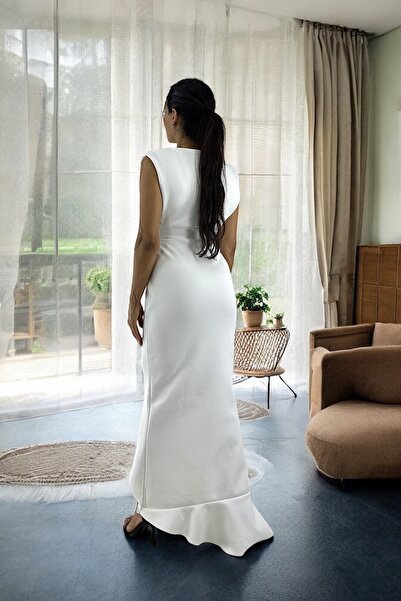 ALFUDO Moda Collection Kadın Scuba Dalgıç Kumaş Kruvaze Yaka Eteği Volanlı Ekru Elbise