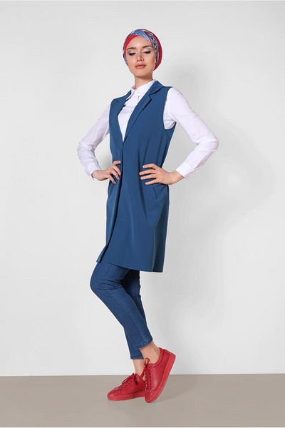 TRENDTESETTÜR Women's Navy Blue (NDIGO) Side Slit Front Buttoned Vest 4185
