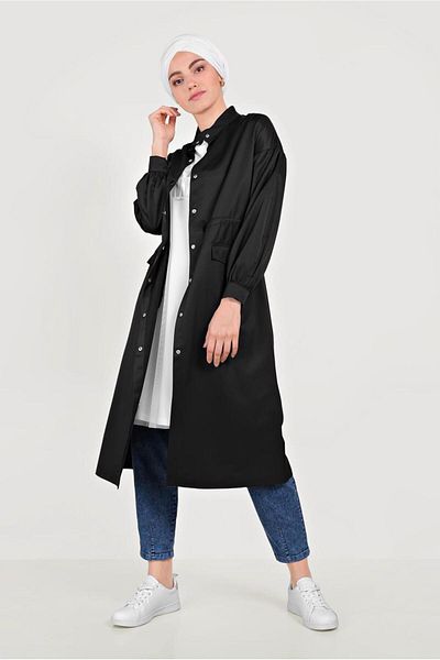 TRENDTESETTÜR Γυναικεία καμπαρντίνα με μαύρο γιακά με μπαλόνι μανίκι 10193