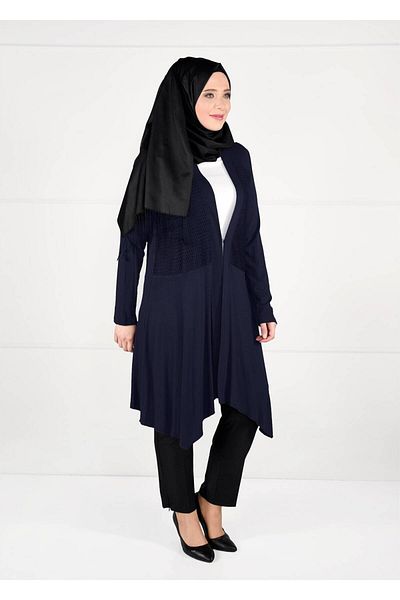 TRENDTESETTÜR Women's Navy Blue Mesh Detailed Combed Cotton Tunic 2636