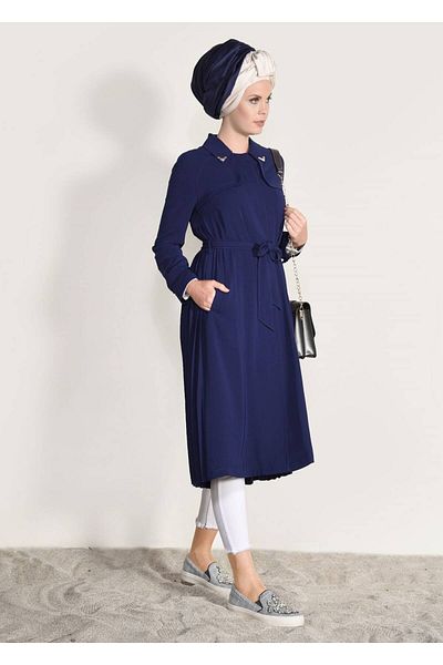 TRENDTESETTÜR Γυναικεία καμπαρντίνα με μπλέ Navy Blue (K.INDIGO) με λεπτομέρεια ζώνης στον αστράγαλο και τσέπες 1044