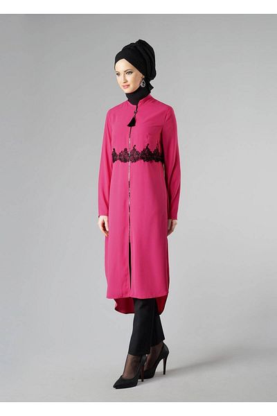 TRENDTESETTÜR Women's Fuchsia Lace Detailed Zippered Tunic 4790