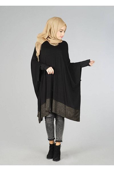 TRENDTESETTÜR Women's Black Skirt Patterned Bat Sleeve Tunic 4483