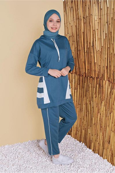 TRENDTESETTÜR Γυναικεία Σετ Φόρμας Μπλε Navy Blue (INDIGO) Δίχρωμη Φόρμα με κουκούλα 5256