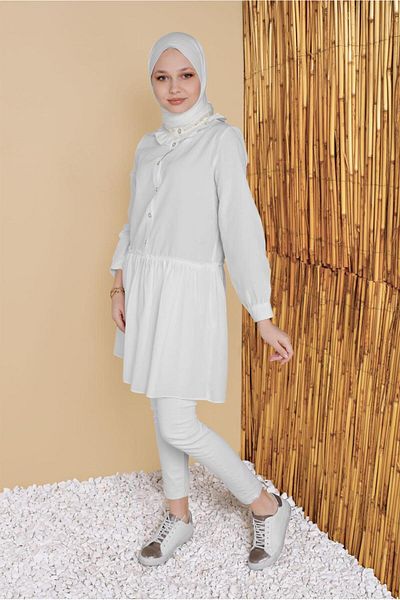 TRENDTESETTÜR Γυναικεία λευκή φούστα με βολάν Casual Tunic 5165