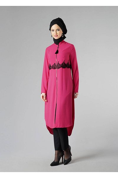 TRENDTESETTÜR Women's Fuchsia Lace Detailed Zippered Tunic 4790
