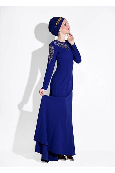TRENDTESETTÜR Navy Blue Bead Embroidered Women's Evening Dress - t 5399